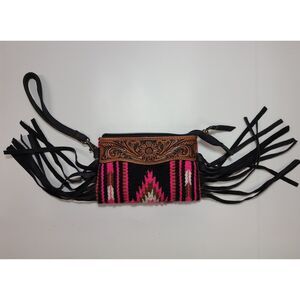 American Darling Fringe Wristlet Tooled Leather Wool Crossbody Western Pink
